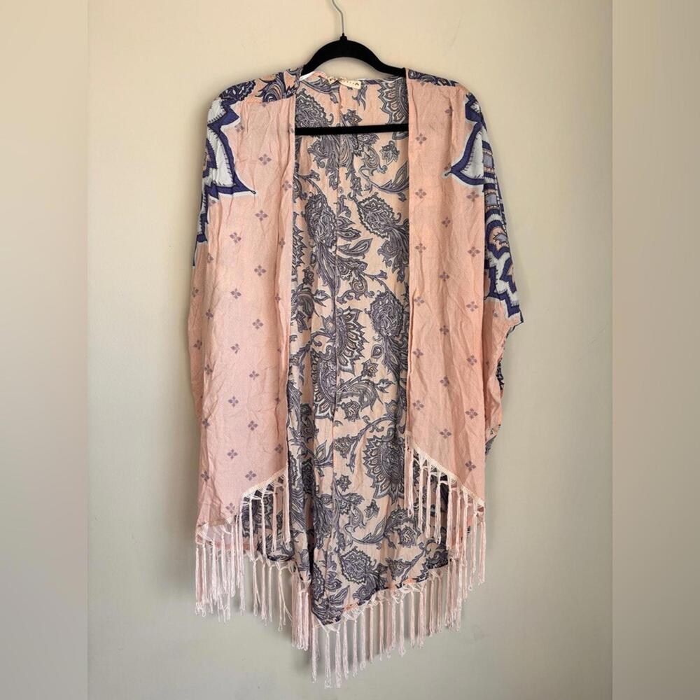 Pink and Blue Paisley Kimono with Fringe
